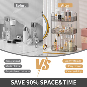 Akinbas clear upper tray shows space between levels for taller fragrance bottles.