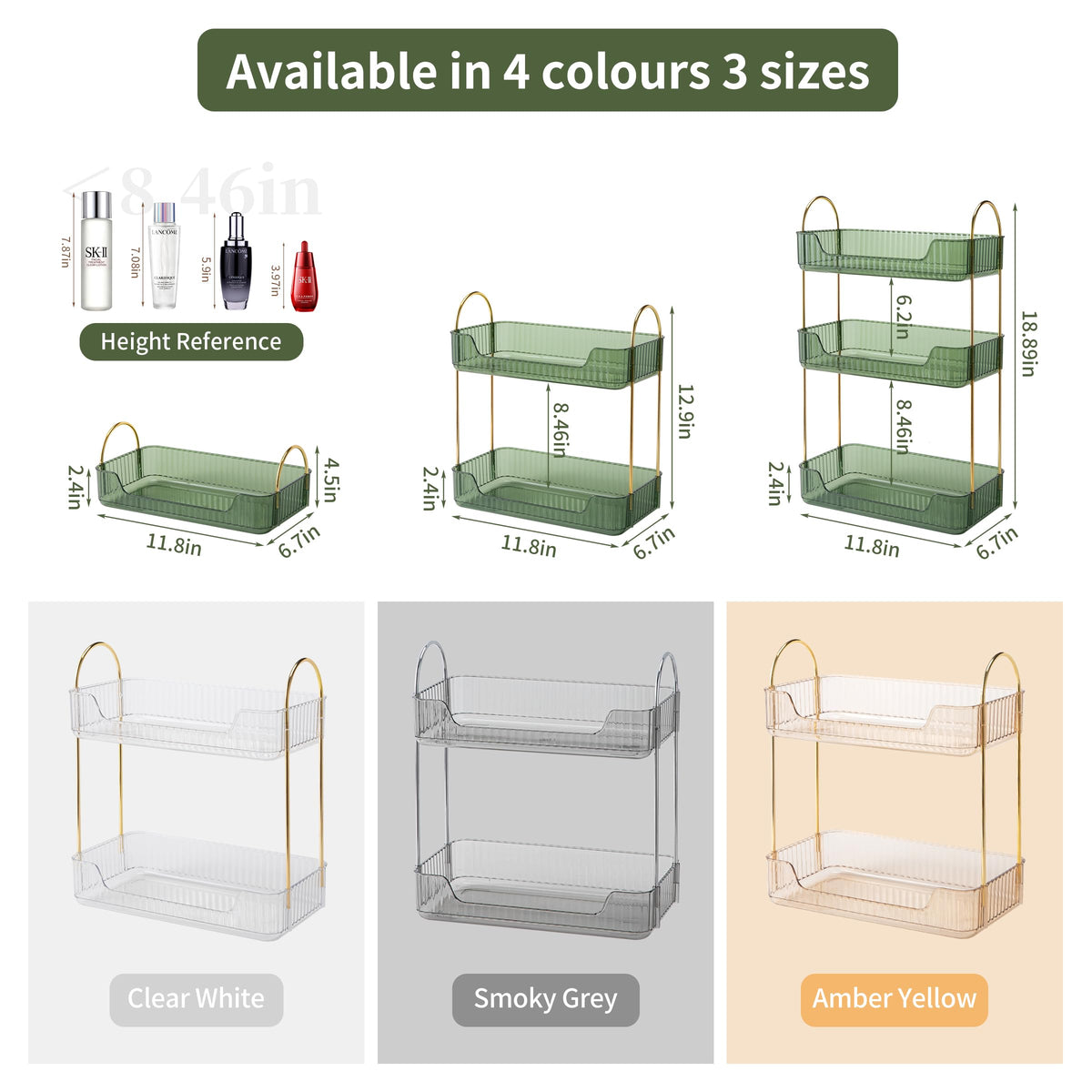 Akinbas countertop makeup tray in green keeps daily essentials within reach.
