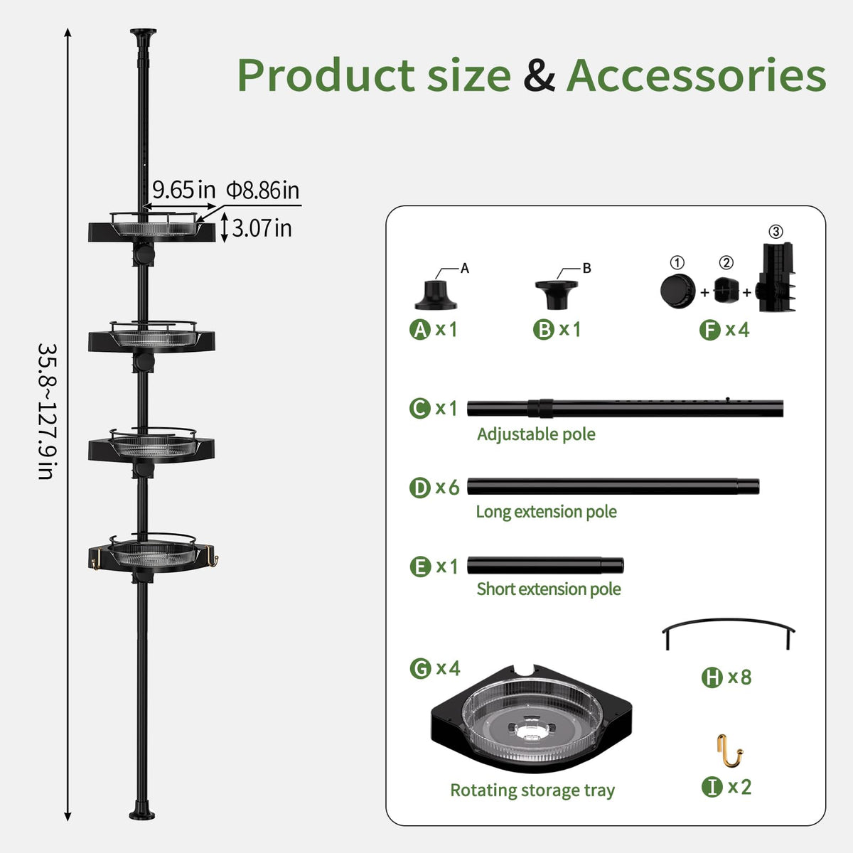 Adjustable height fits showers from 35 to 128 inches
