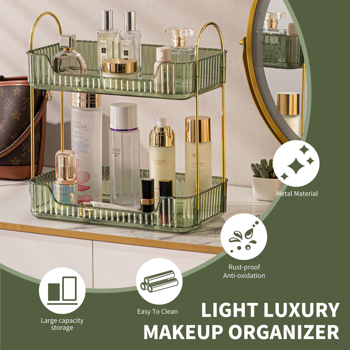 Akinbas skincare organizer green helps separate serums and creams on the vanity.