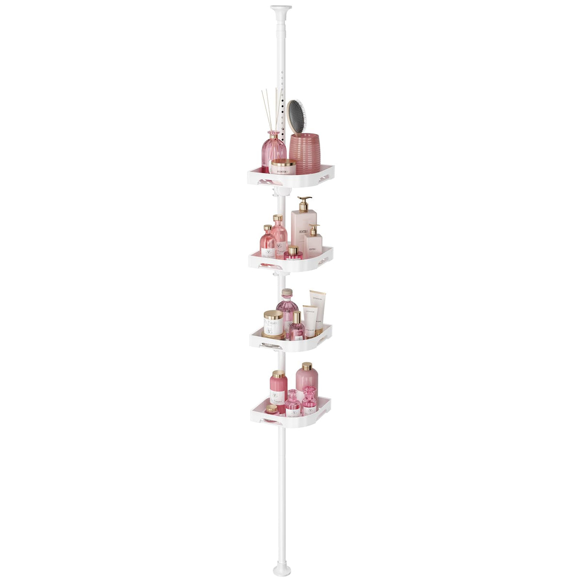 Akinbas tension pole shower caddy with 4-tier L-shaped shelves for organized bath essentials.