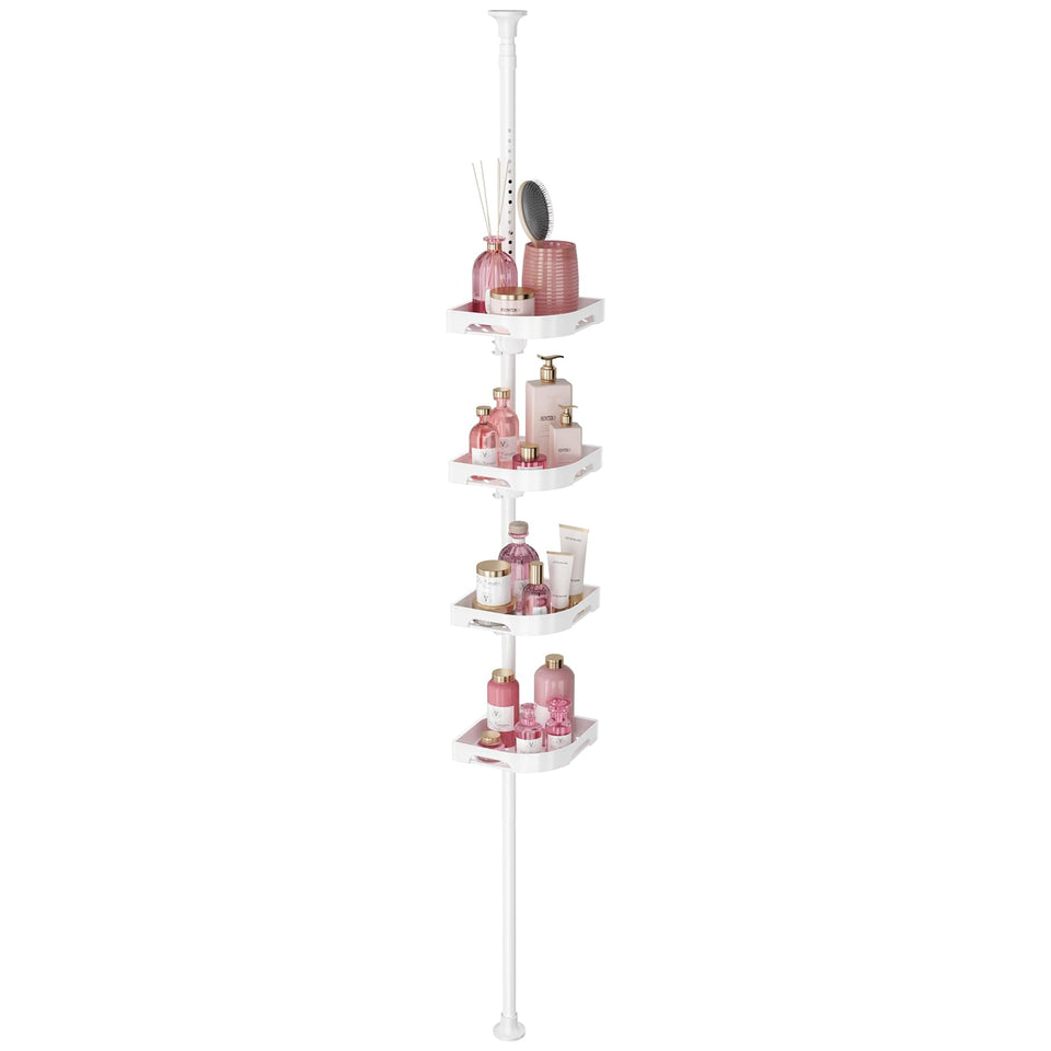 Akinbas tension pole shower caddy with 4-tier L-shaped shelves for organized bath essentials.