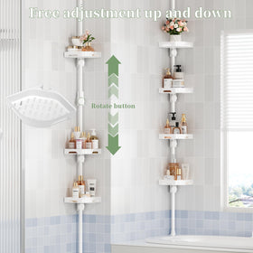 Akinbas tension pole shower caddy corner design saves space in small baths.