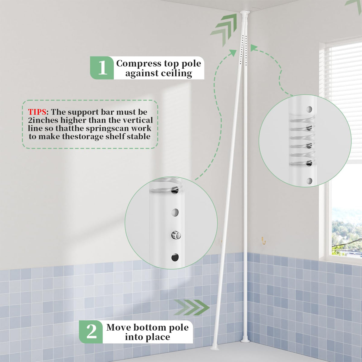 Akinbas tension pole shower caddy removable hooks for razors and towels.