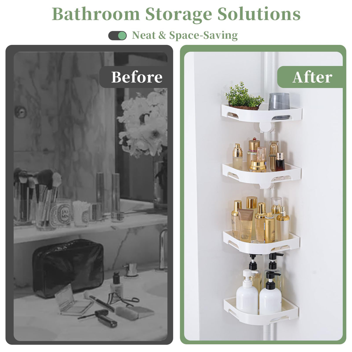 Akinbas tension pole shower caddy rustproof stainless steel finish resists humidity.