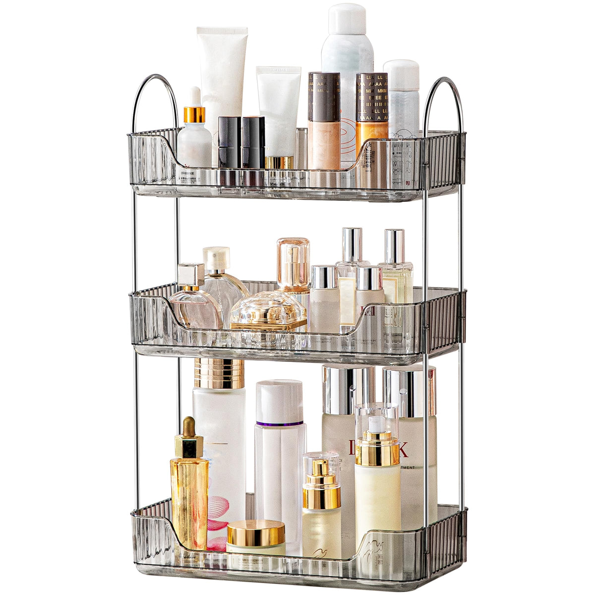 Akinbas three-tier bathroom organizer viewed from top, showing spacious storage for cosmetics and perfumes.