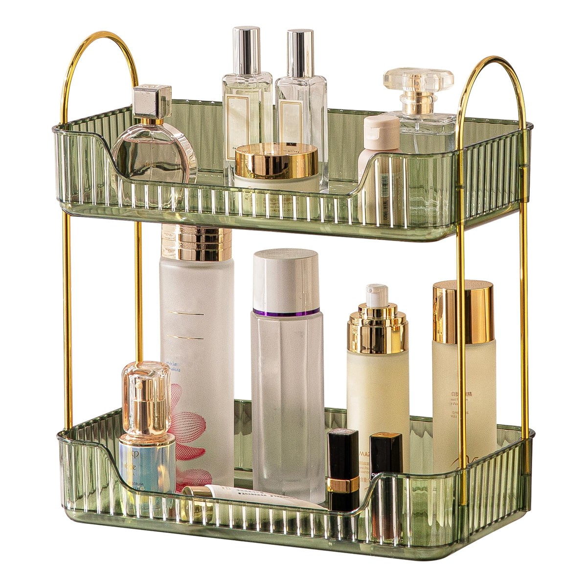 Akinbas two-tier bathroom organizer in green offers ample cosmetic storage.