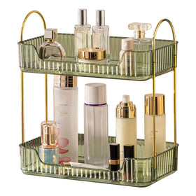 Akinbas two-tier bathroom organizer in green offers ample cosmetic storage.