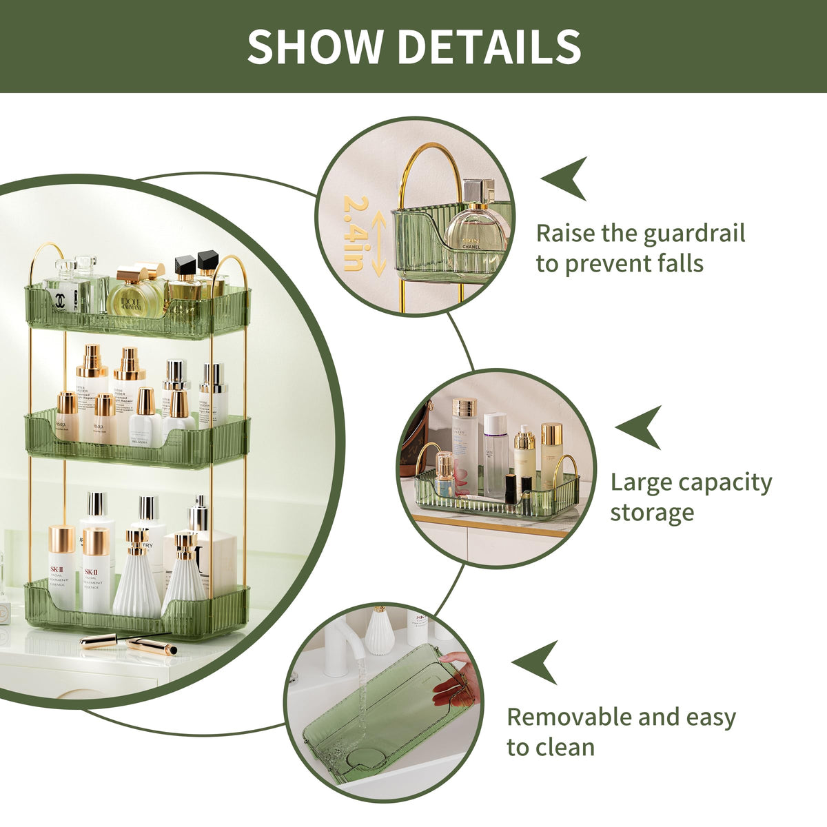 Akinbas vanity setup with makeup, perfume, and skincare organized