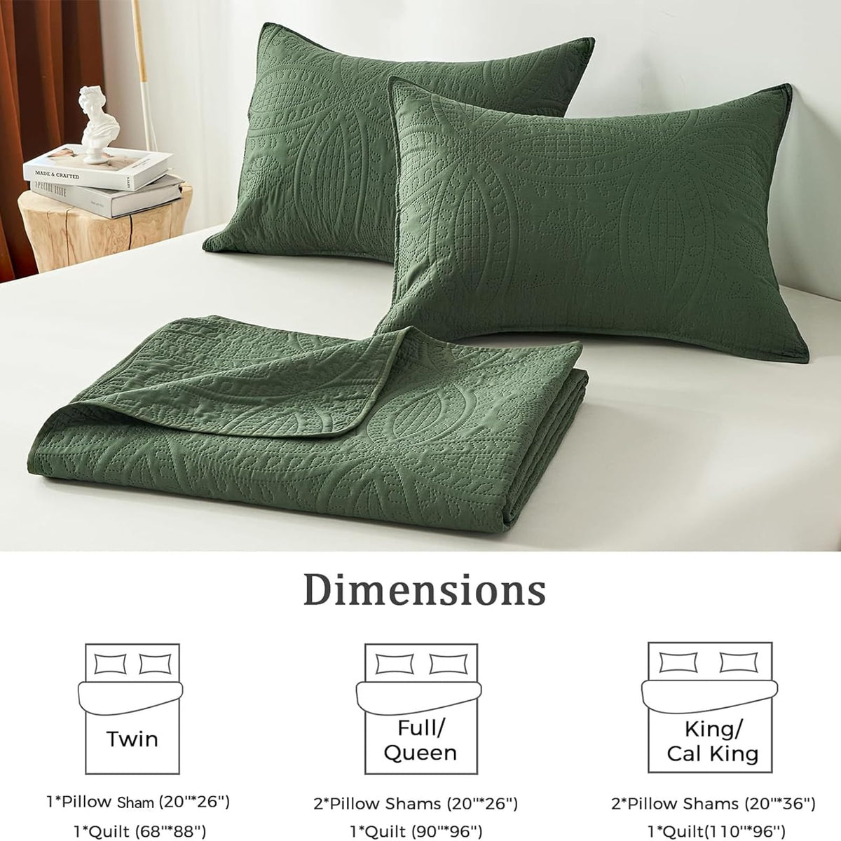 Akkialla 3-piece set includes king/Cal king quilt and matching pillow shams.