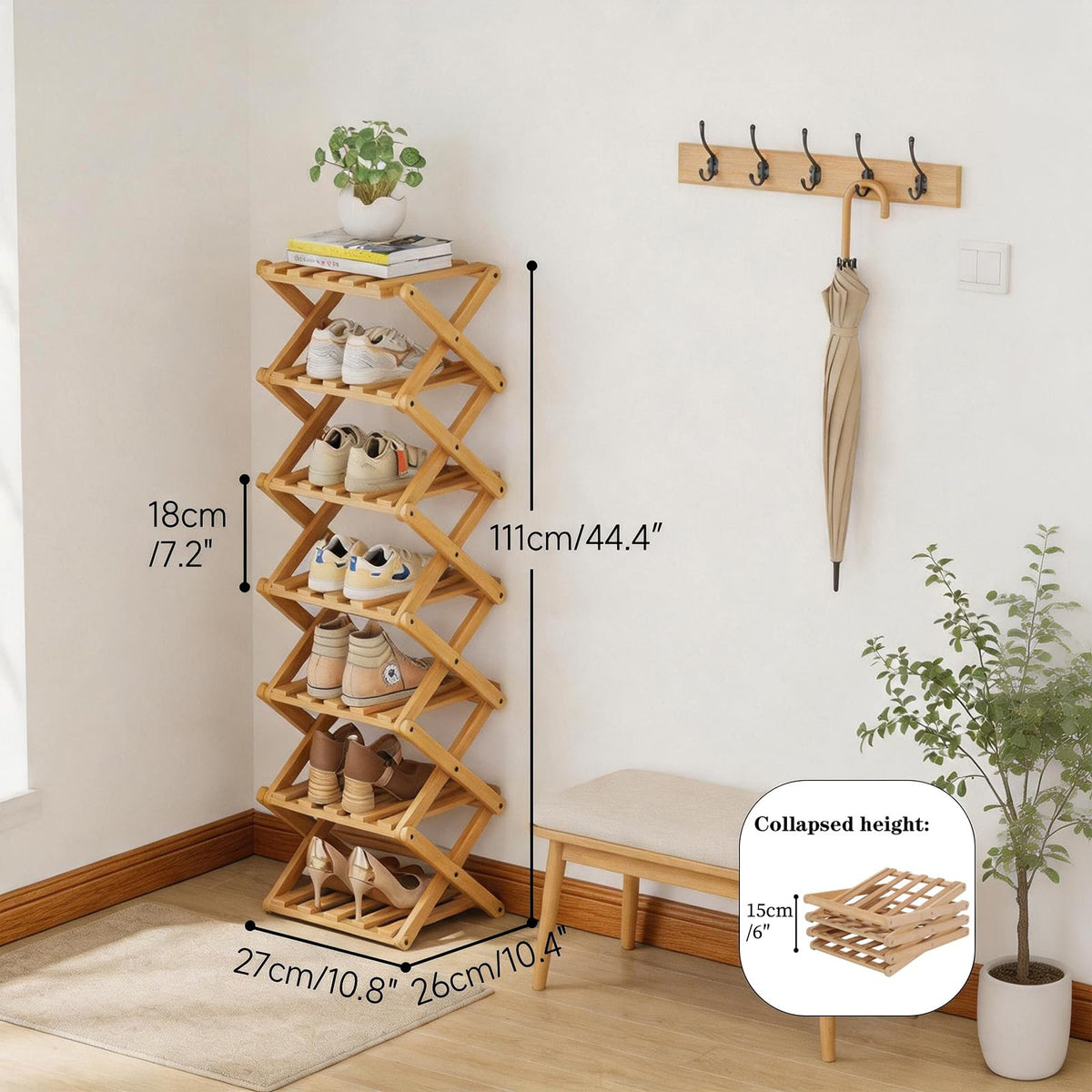 Akloya free-standing rack shown beside entryway for compact storage.