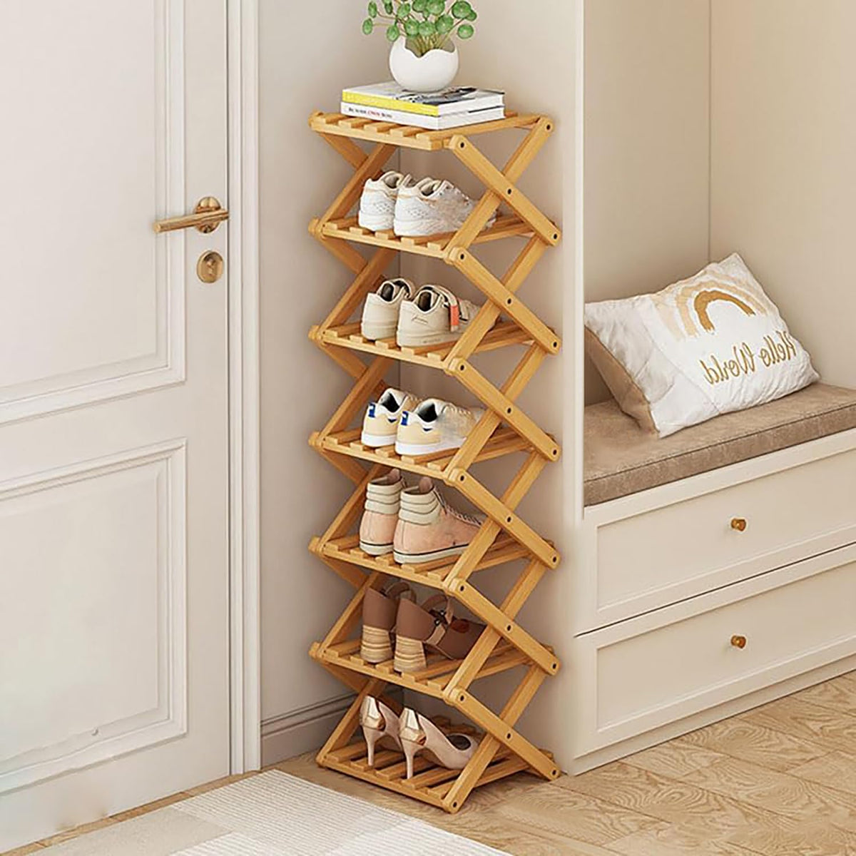 Akloya vertical narrow shoe rack 7-tier foldable in hallway saves space.