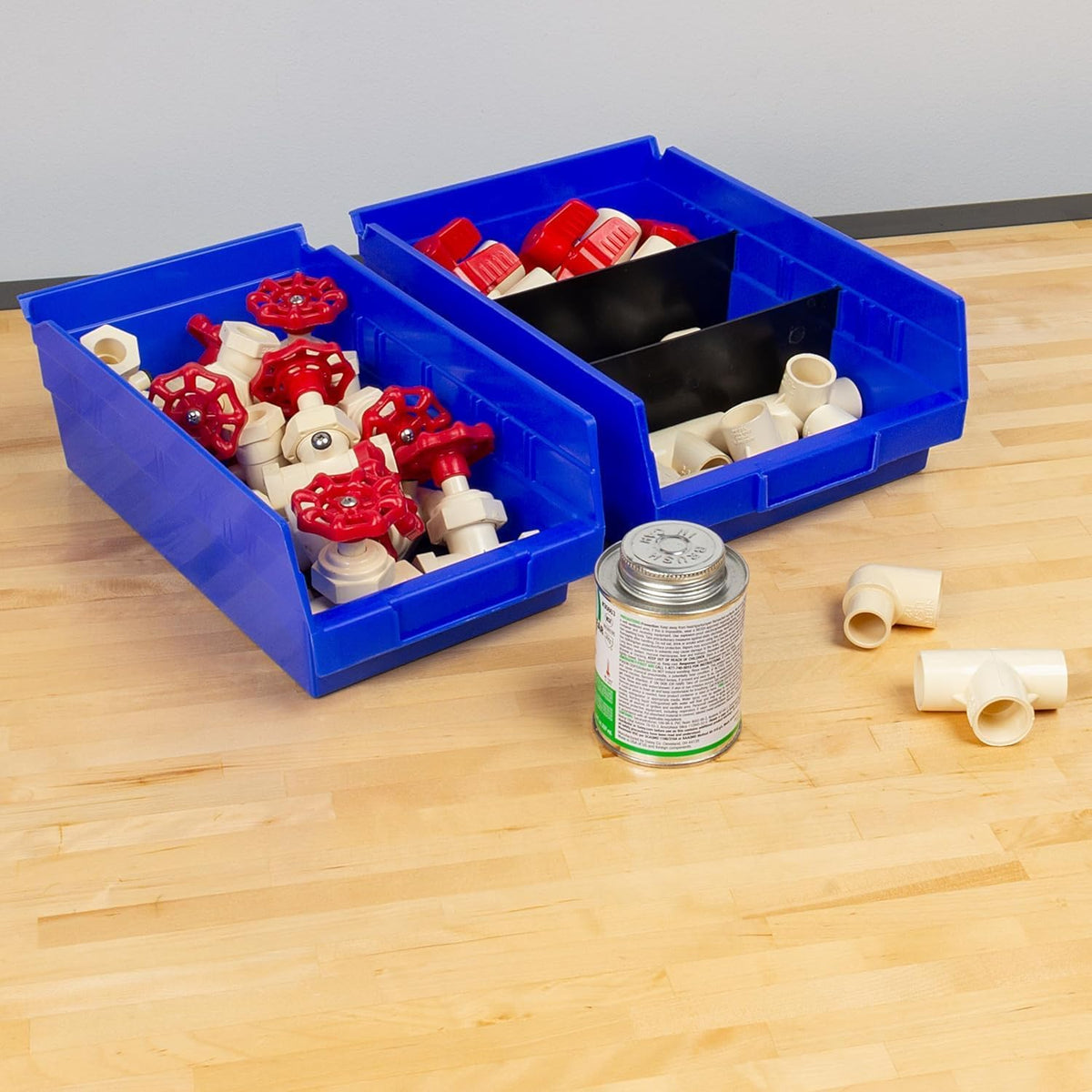 Akro-Mils 30150 blue garage storage bin helps organize tools and parts