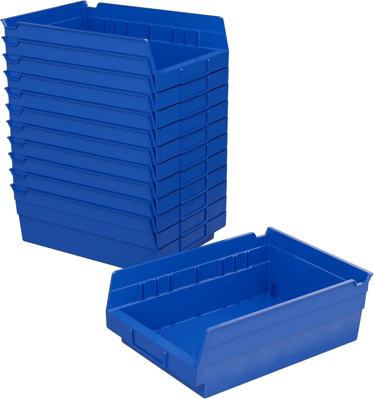 Akro-Mils 30150 blue shelf bin front view for easy access to tools and small parts