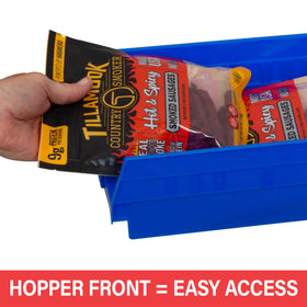 Akro-Mils 30150 blue shelf bin nested-capability shows compact storage when empty