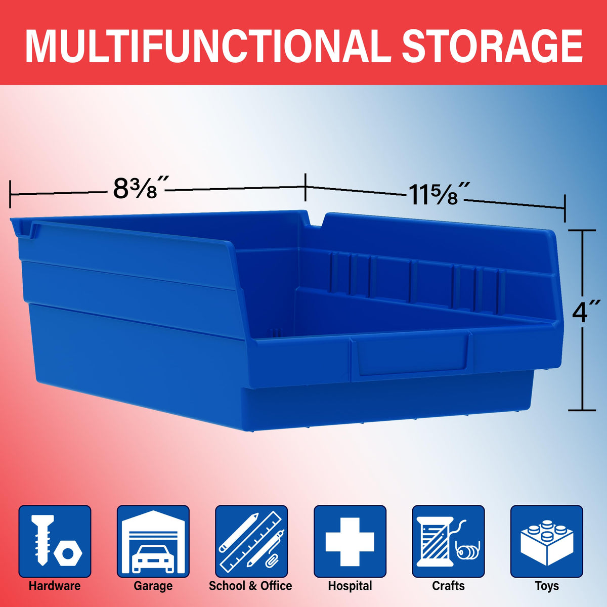 Akro-Mils 30150 blue shelf bin side view showing roomy interior for organization
