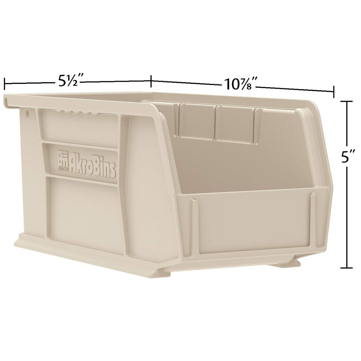 Akro-Mils AkroBins side view emphasizes reinforced ribs for heavy-item storage.