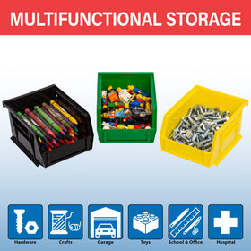 Akro-Mils AkroBins curved bottom hopper aids item retrieval.