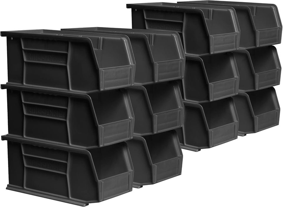 Akro-Mils AkroBins front view, showcasing compact stackable design for organized garage or pantry storage.