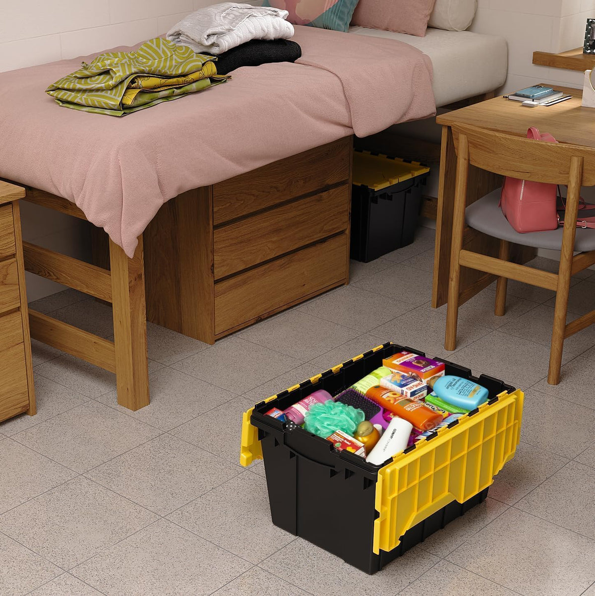 Akro-Mils KeepBox 12-gallon container nests neatly with open lids for space savings