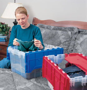 Akro-Mils KeepBox 12-Gallon tote with clear sides for quick content identification.