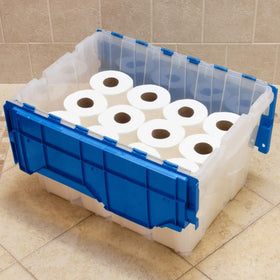 Akro-Mils KeepBox nests with lid open for compact storage.