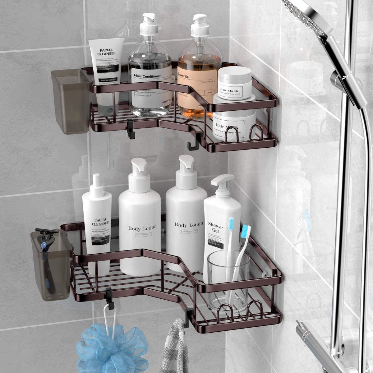 AKTECKE adhesive shower shelf with strong hold for heavy bottles.