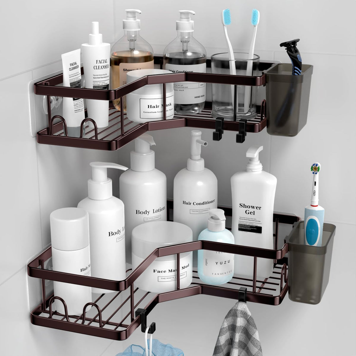 AKTECKE corner shower caddy 2-pack keeps bath items neatly organized.