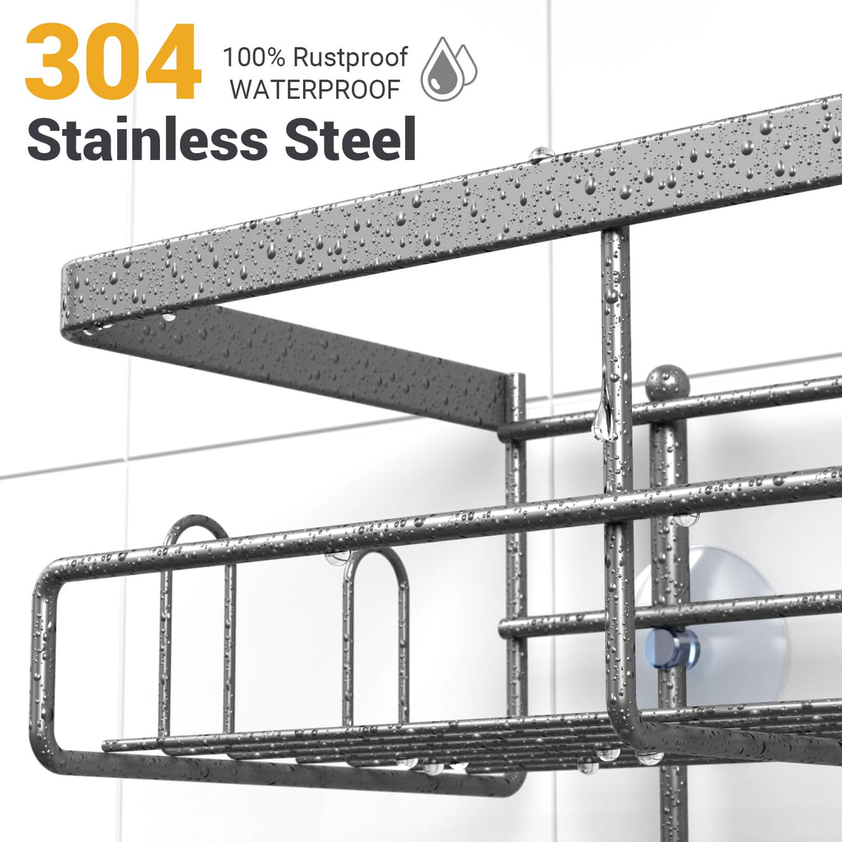 AKTECKE two-tier baskets maximize space for shampoo and soap.