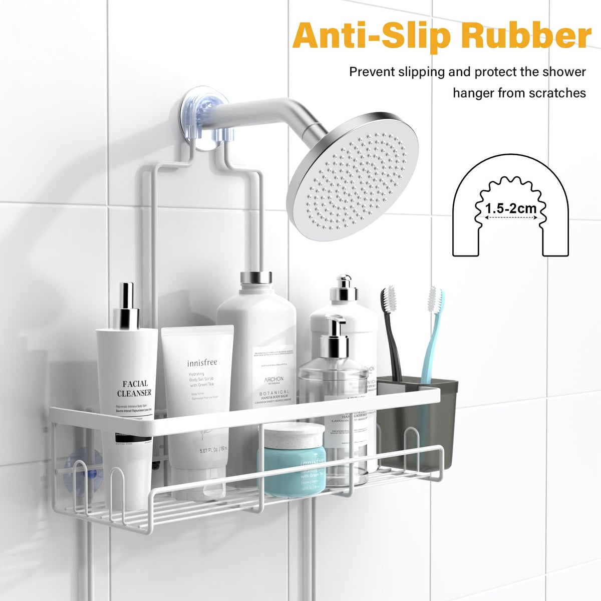 AKTECKE shower caddy anti-slip collar keeps shelves steady in humid bathrooms