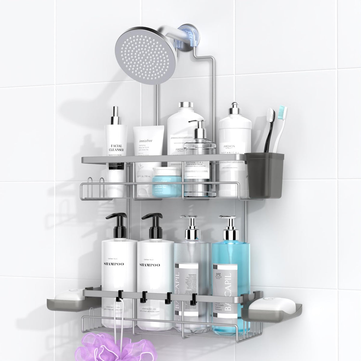 AKTECKE shower caddy mounted over shower rod for drill-free organization.