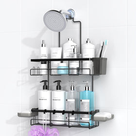 AKTECKE shower caddy overhead shelf with strong suctions for stable storage.