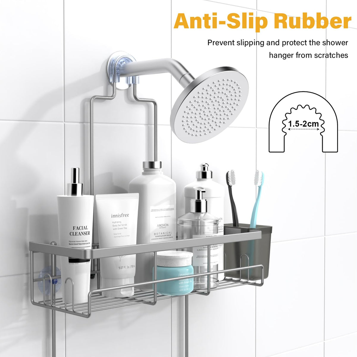 AKTECKE shower caddy with strong suction collars keeps bottles secure.