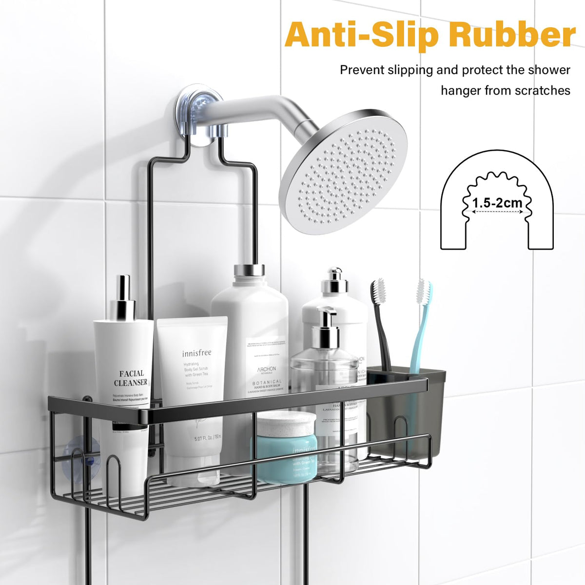 AKTECKE shower caddy anti-slip collar keeps the unit steady on the shower head.