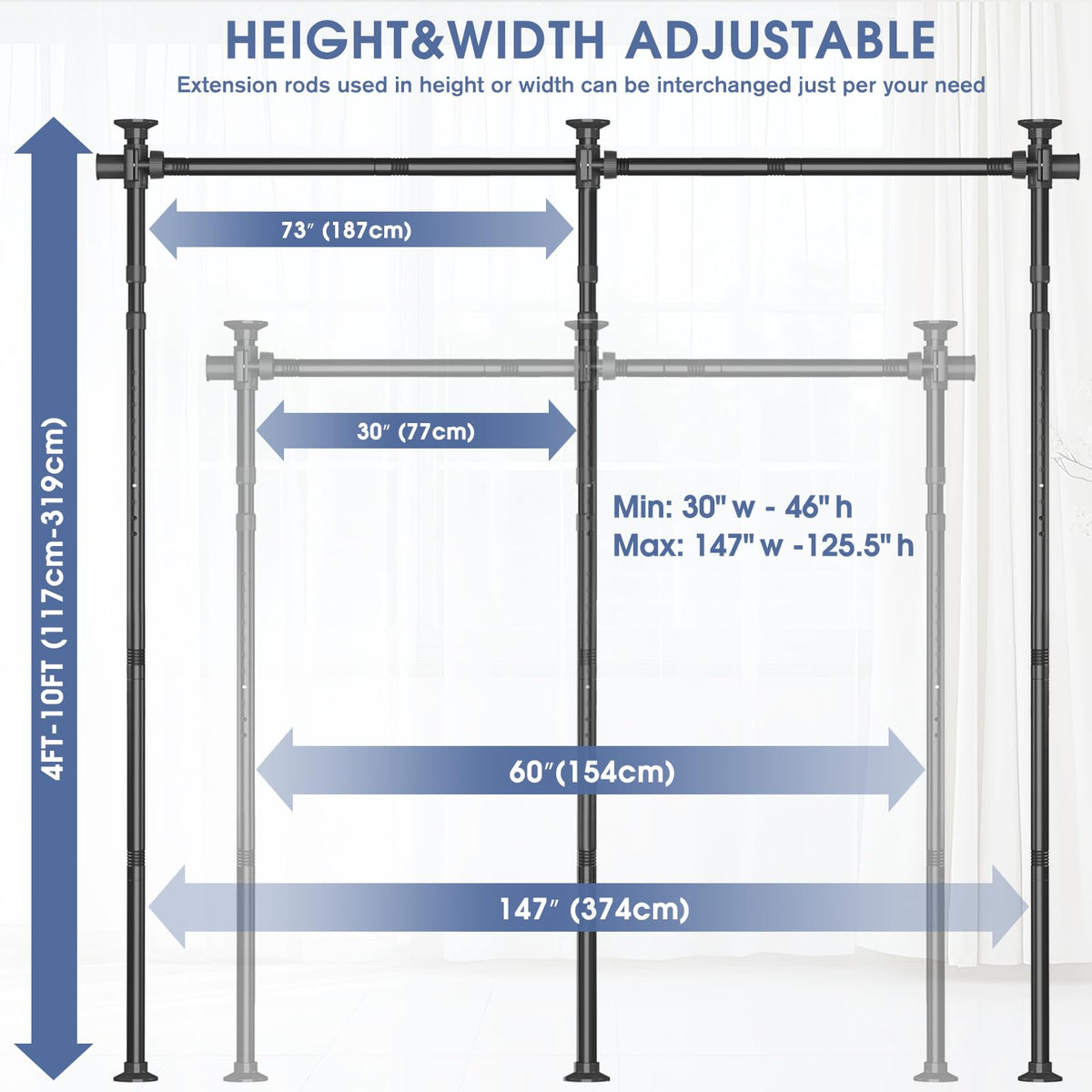 AKTOP adjustable-height rod extends from 4 to 10 feet for flexible space.