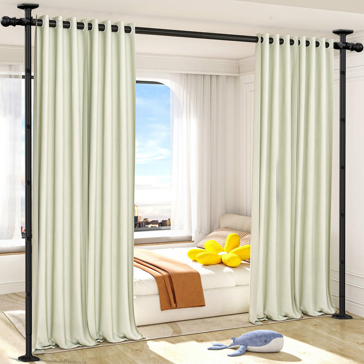 AKTOP room divider rod demonstrating no-drill installation for rental spaces