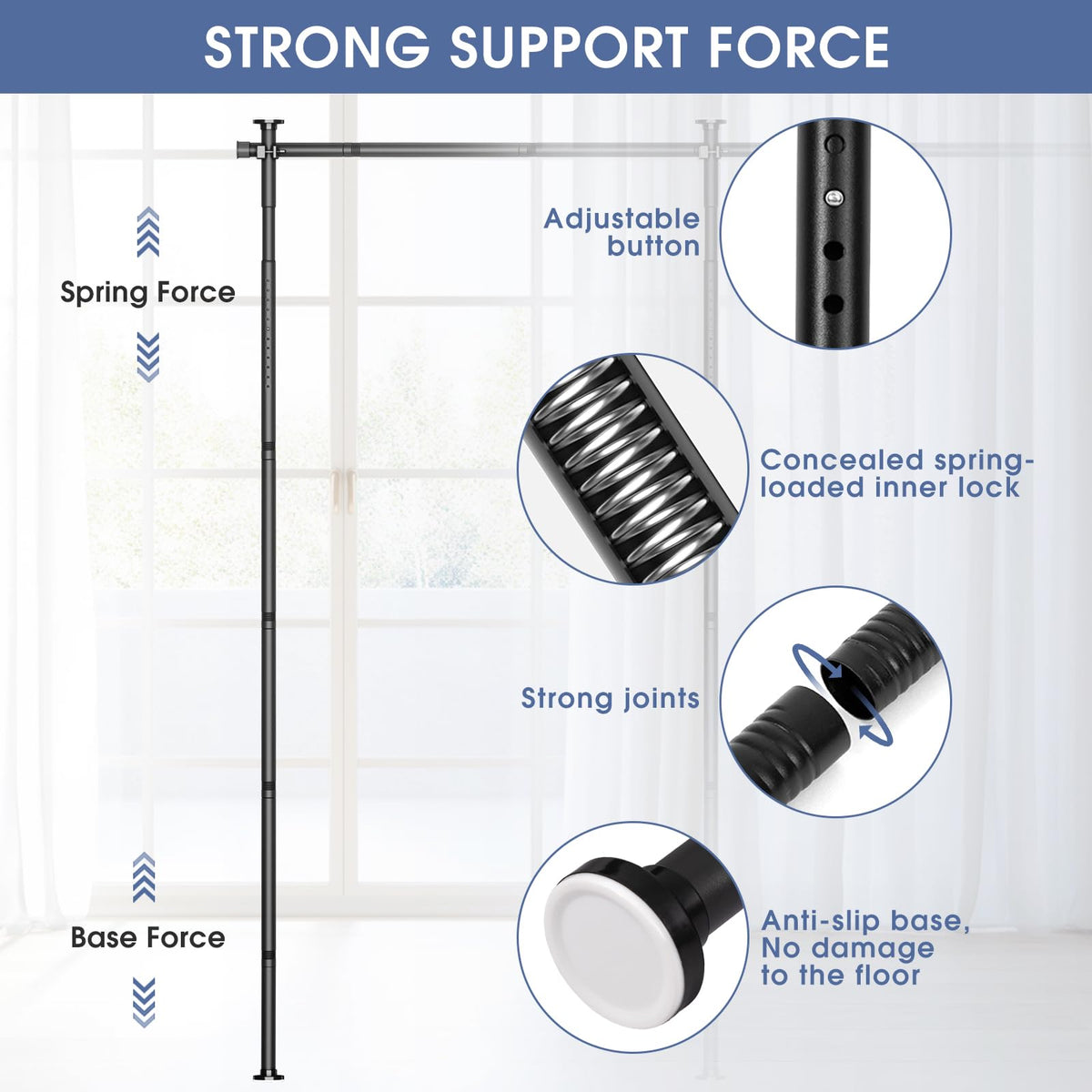 AKTOP width-adjustable rod fits 30 to 147 inches wide rooms.