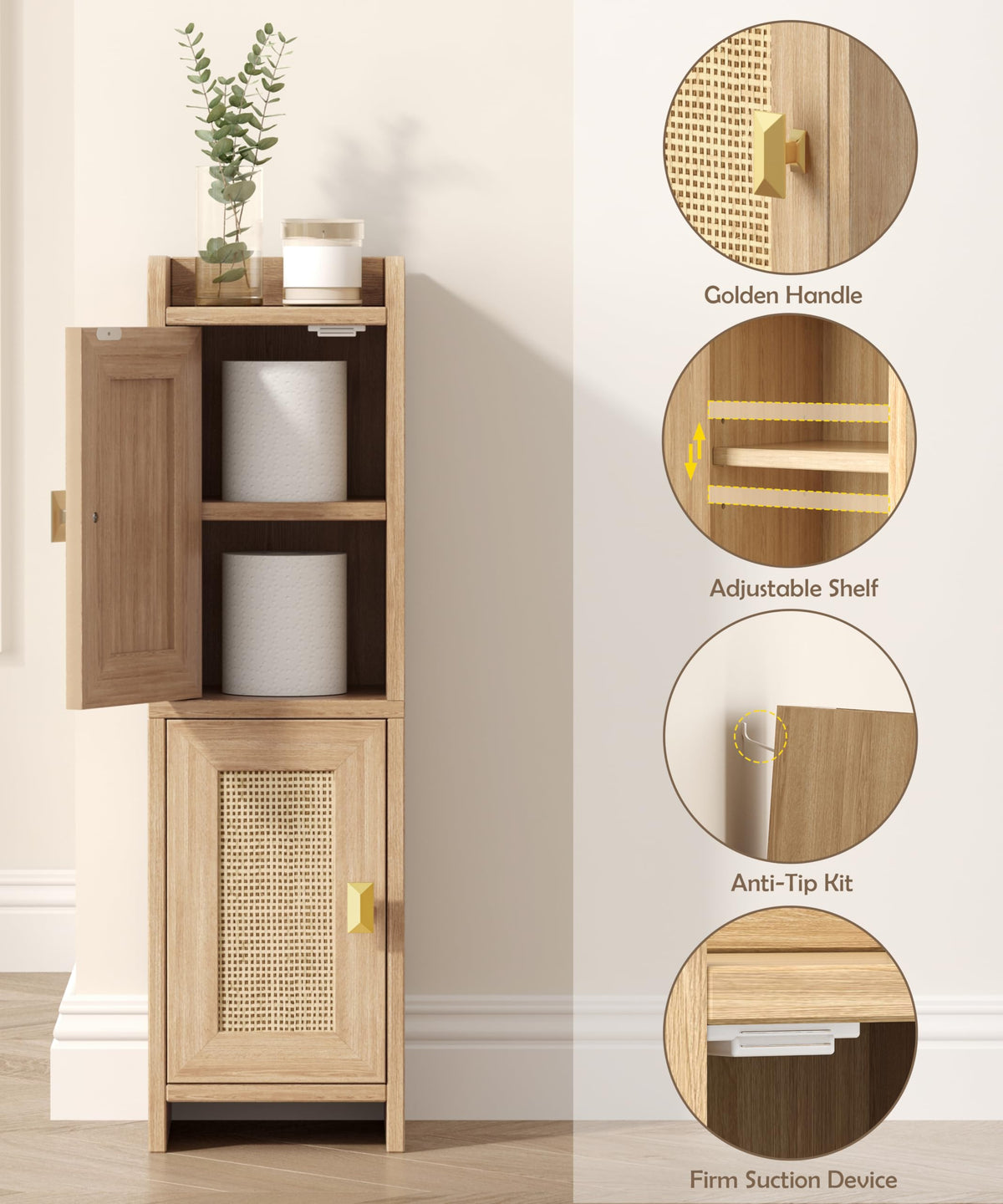 Adjustable shelves upper and lower for flexible organization.