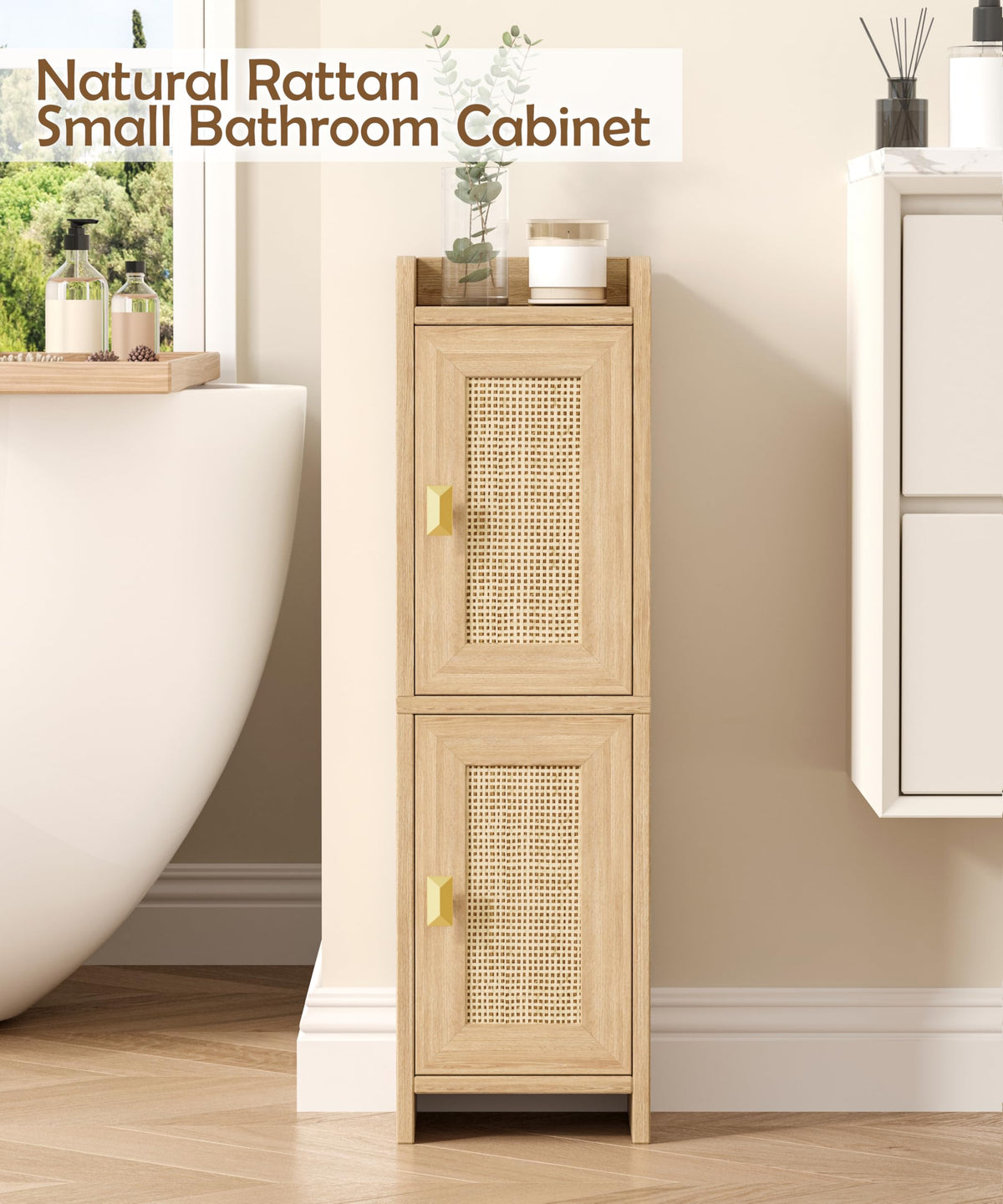 Slim corner unit adds bathroom storage and style.