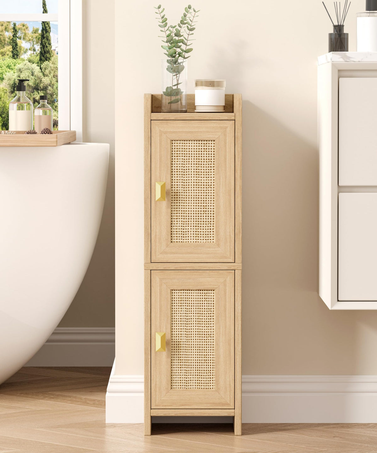Akxomel Rattan small bathroom cabinet with two doors for compact spaces and organized essentials.
