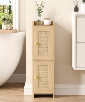 Akxomel Rattan small bathroom cabinet with two doors for compact spaces and organized essentials.