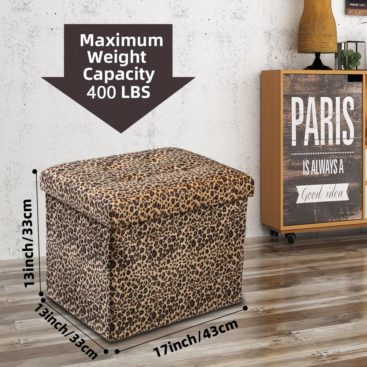 ALASDO folding ottoman with leopard print offers extra seating.