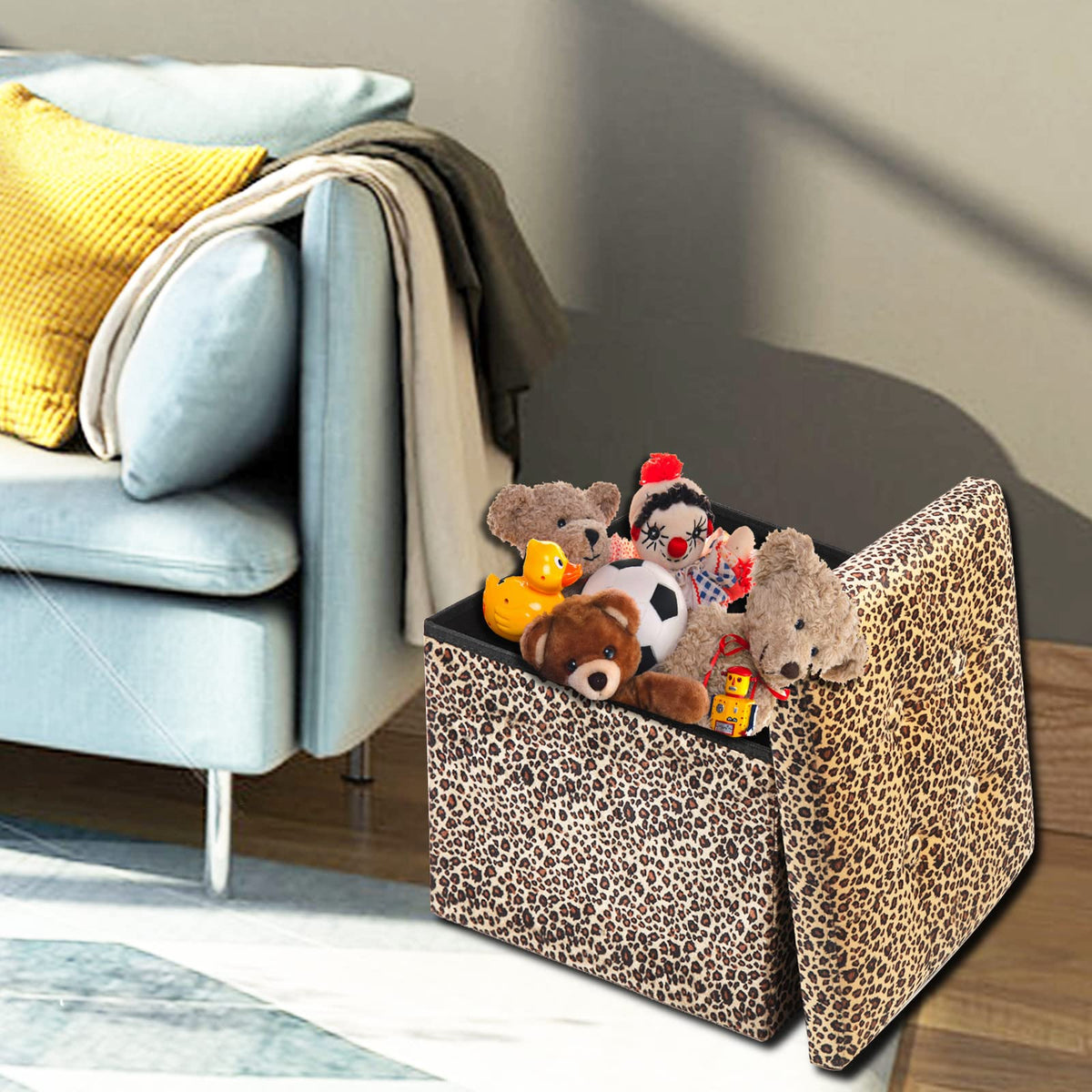 ALASDO leopard print ottoman used as a small coffee table.