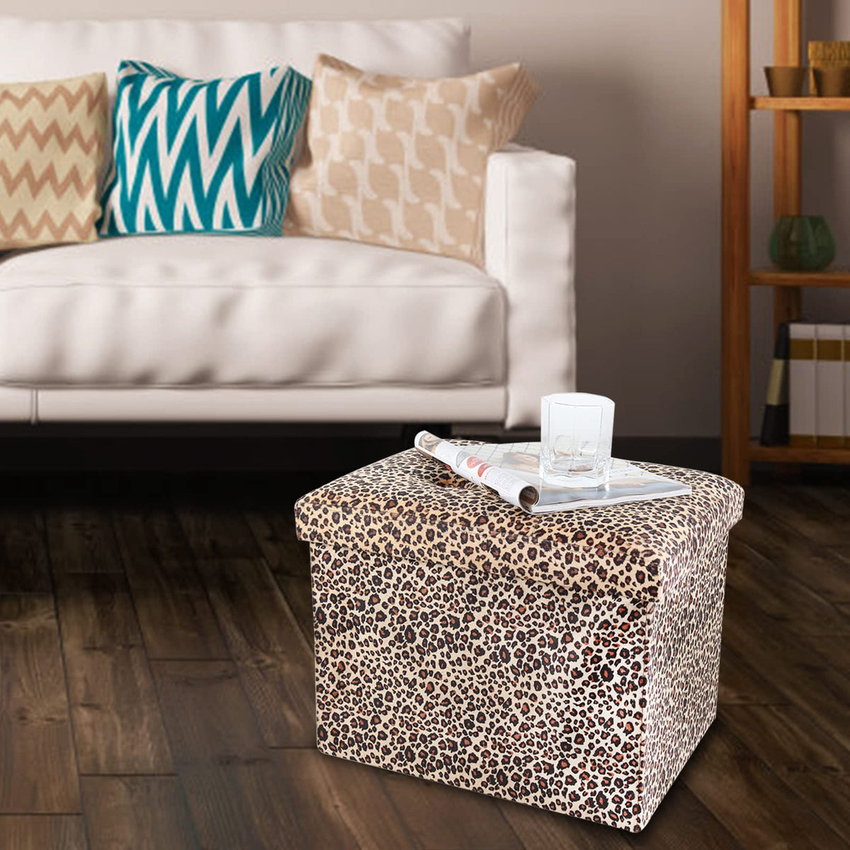 ALASDO leopard print ottoman folds flat for easy storage.