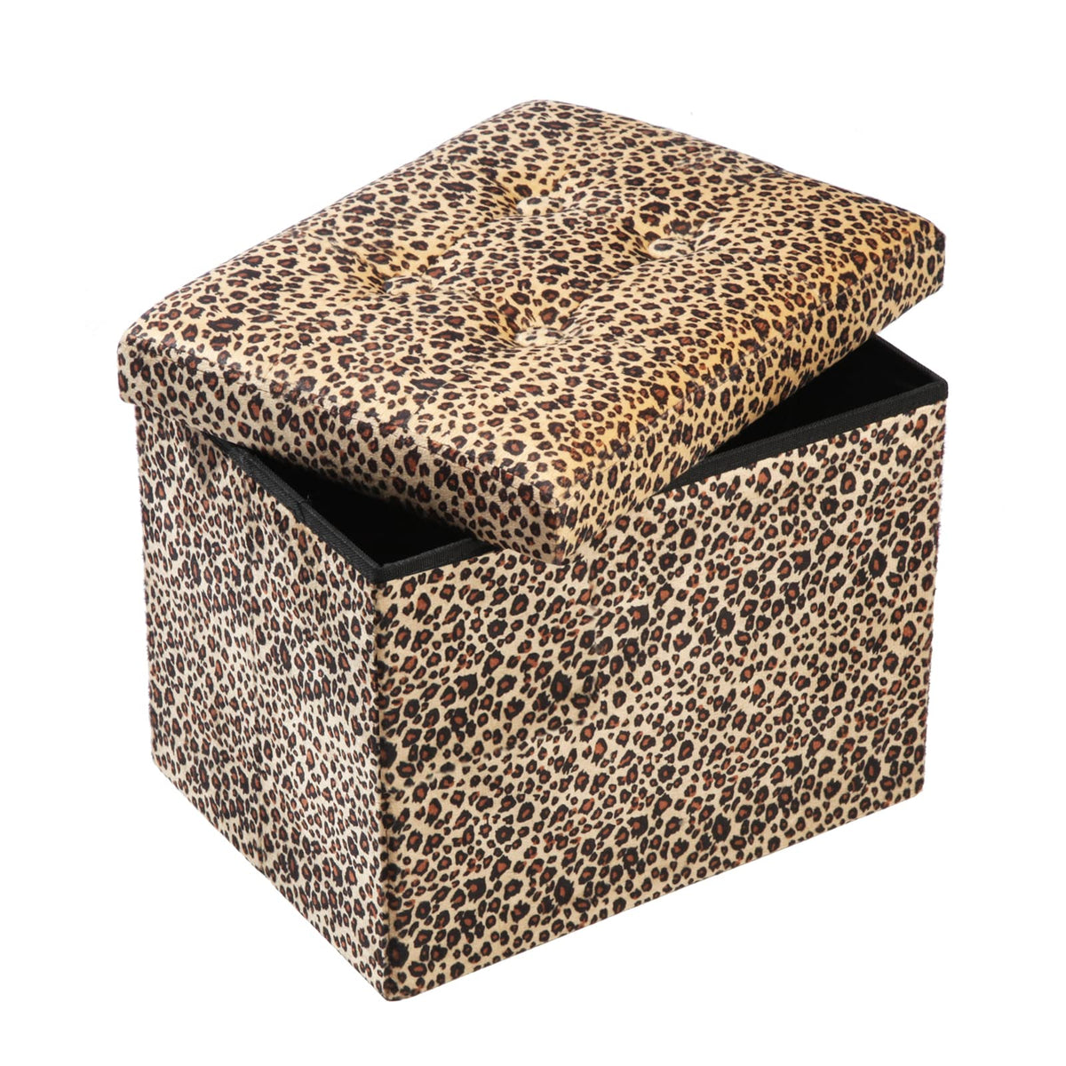 ALASDO ottoman with leopard print storage adds stylish organization in the living room.