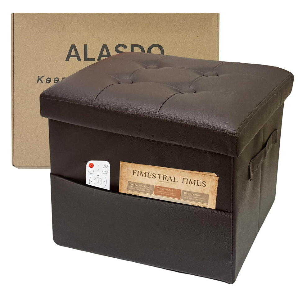 ALASDO storage ottoman showing easy assembly and space-saving design