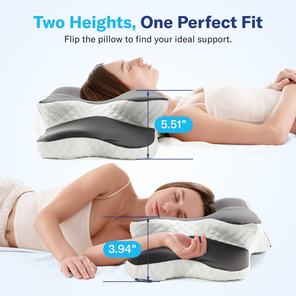 Alcedo Cervical Memory Foam Pillow side view low shows lower profile for comfort.