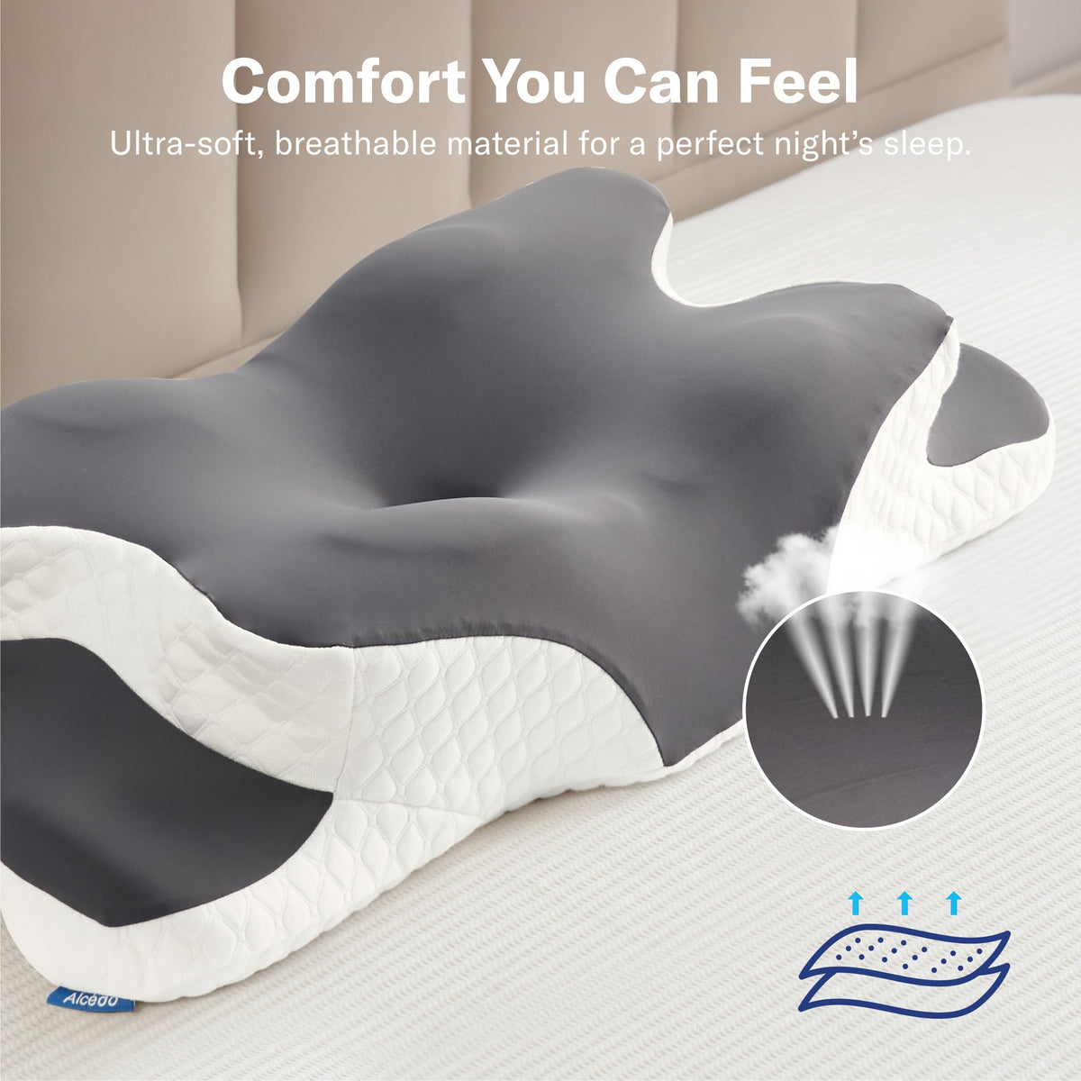 Alcedo Cervical Memory Foam Pillow size dimensions illustrate generous sleeping area.