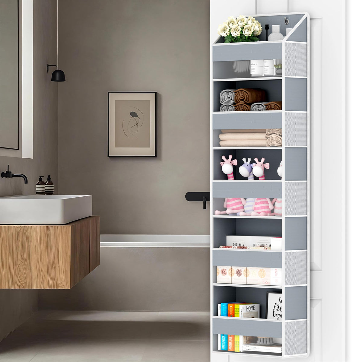 Aldoro bathroom door storage helps keep cleaning products organized.