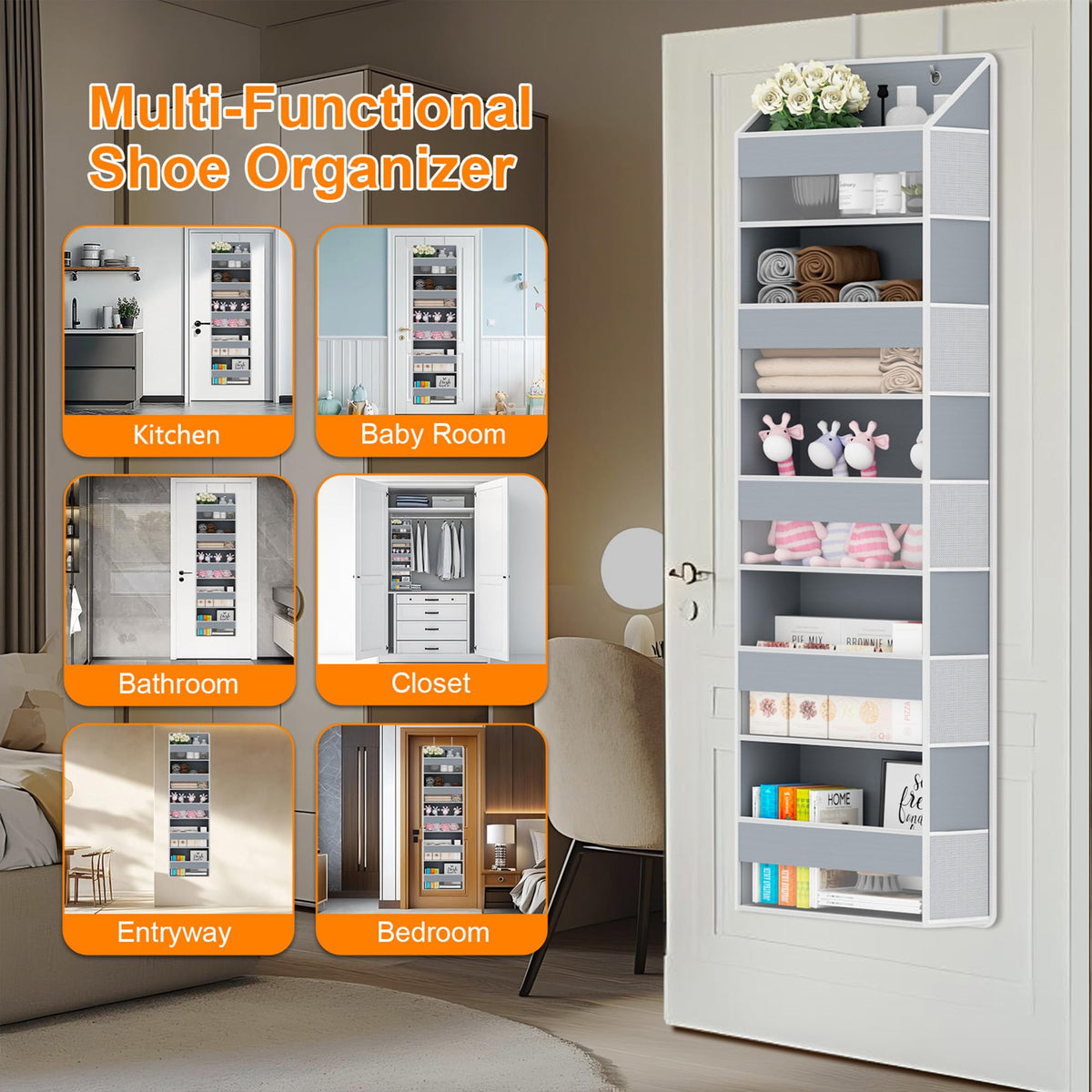 Aldoro nursery door storage keeps wipes, toys, and creams within reach.